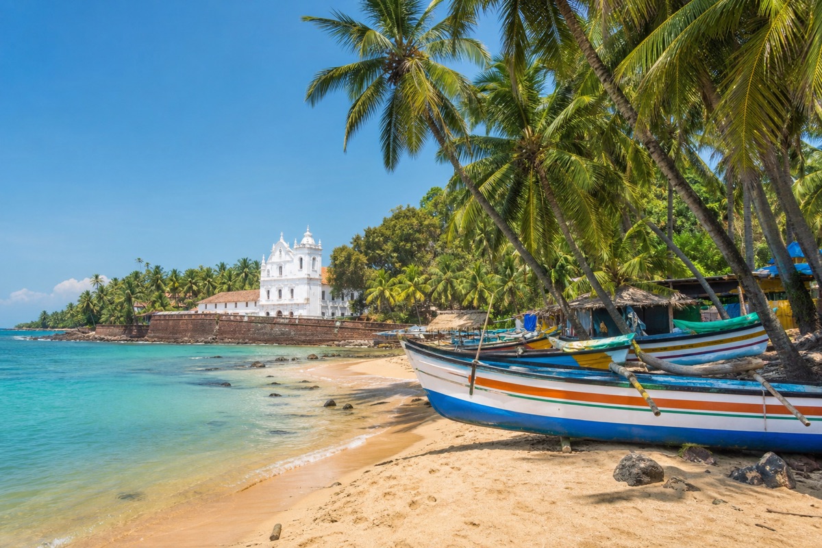 Goa beach with palms and fishing boats