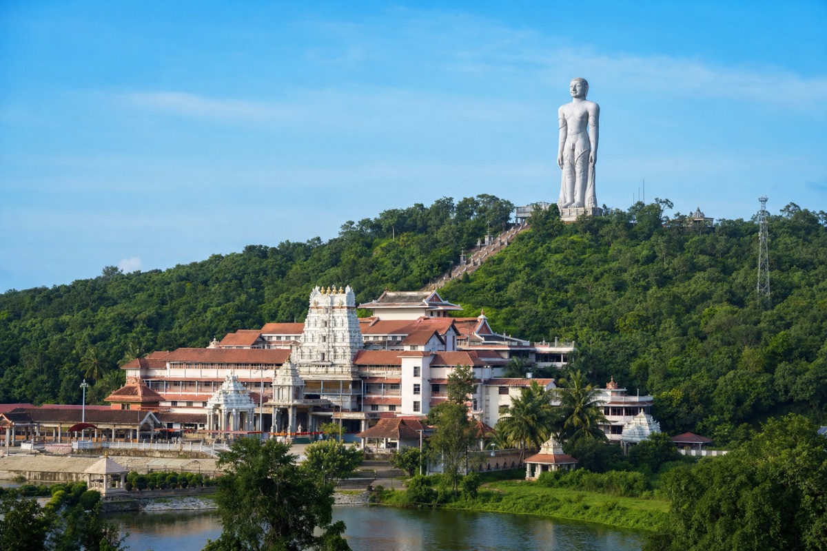 Dharmasthala temple with Bahubali statue on the hill