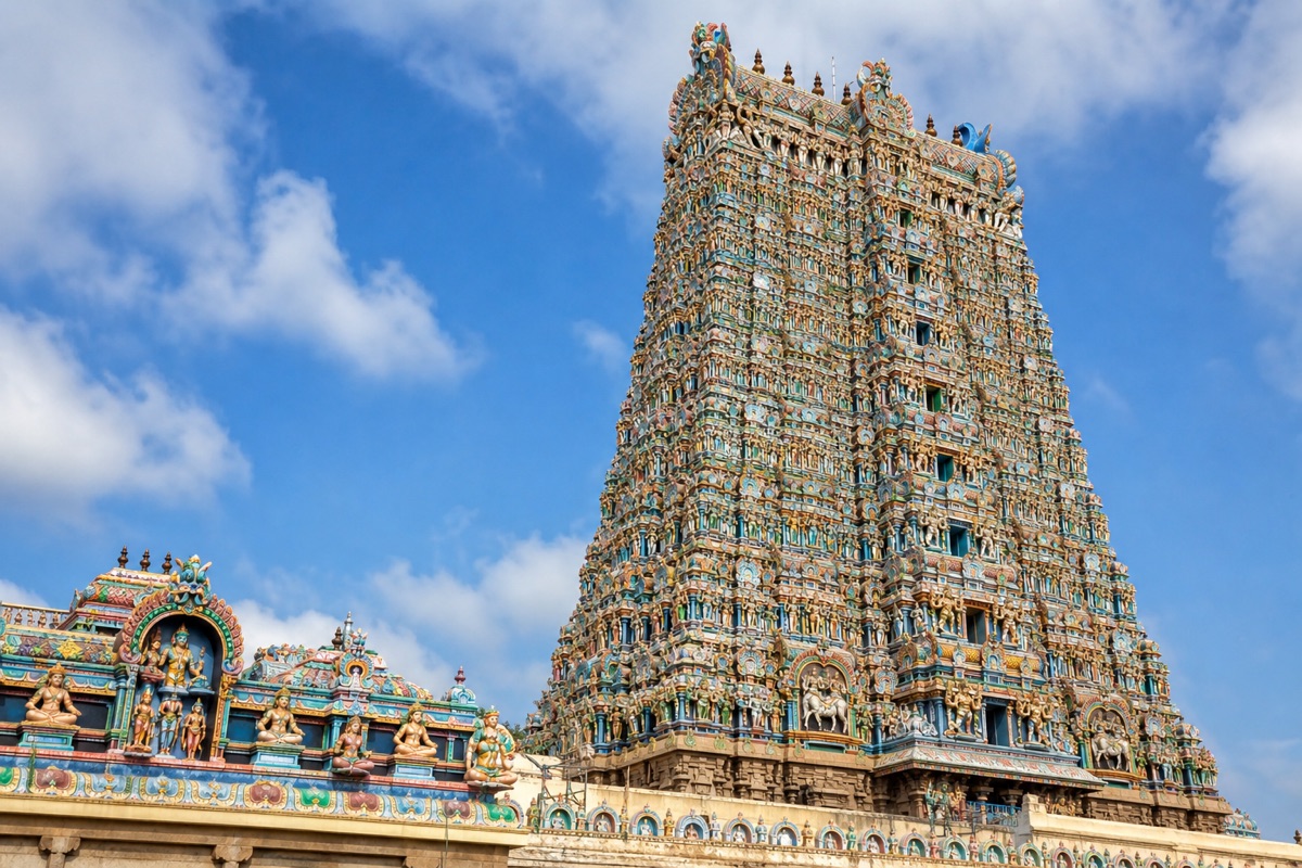 Colorful Meenakshi temple gopuram in Madurai