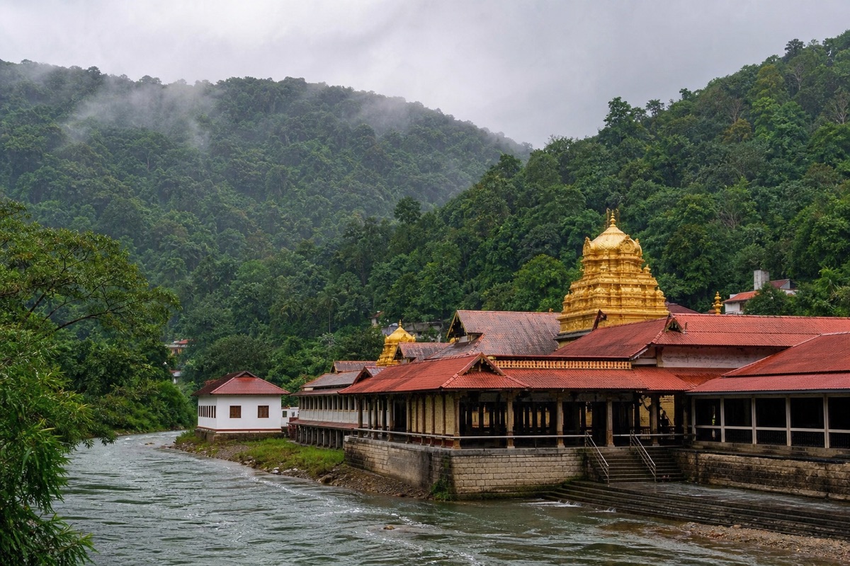 Kollur Mookambika temple amid green hills