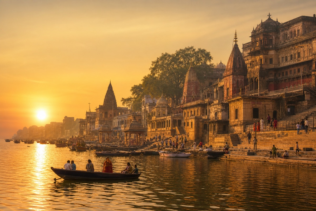 Varanasi ghats on the Ganges at sunrise